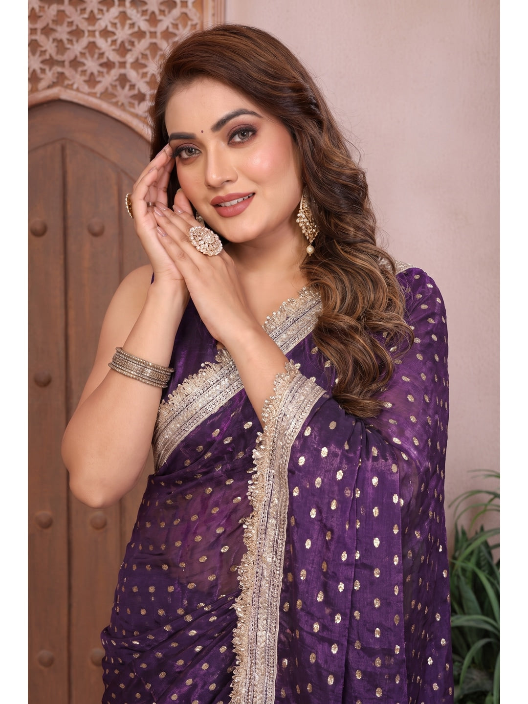 Peachmode Wine Foil Work Satin Saree - Image 4
