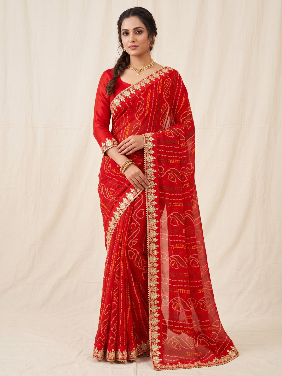 Peachmode Red Georgette Saree - Image 1