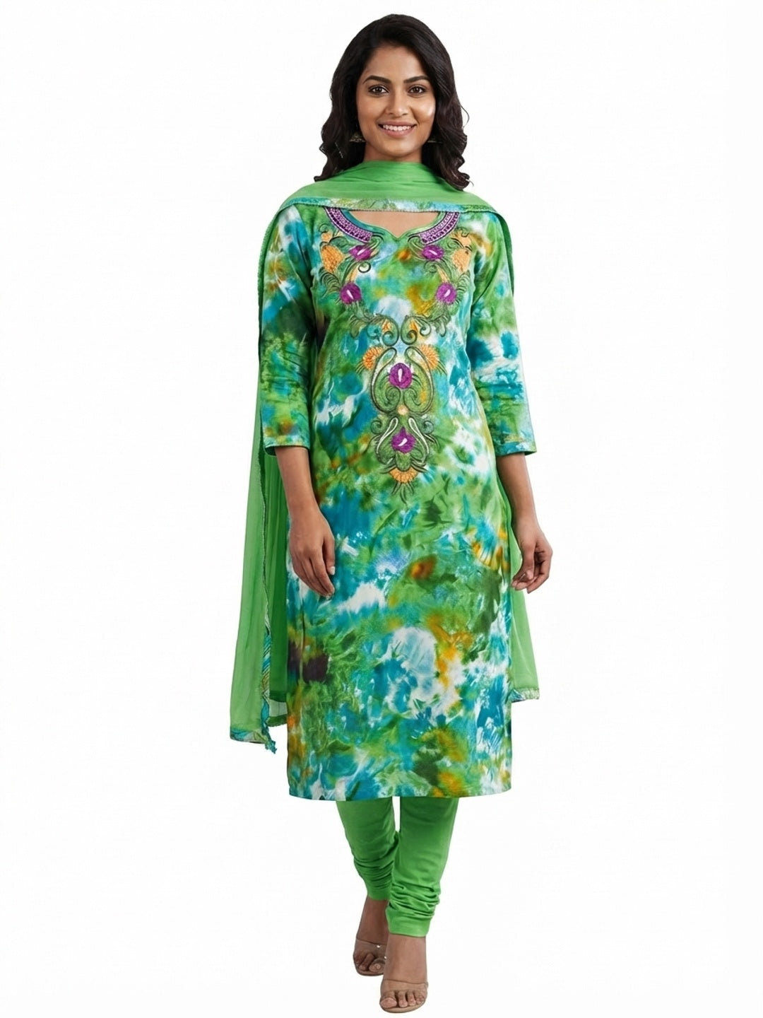 Green Casual Wear Embroidered Cotton Dress Material - Flat lay