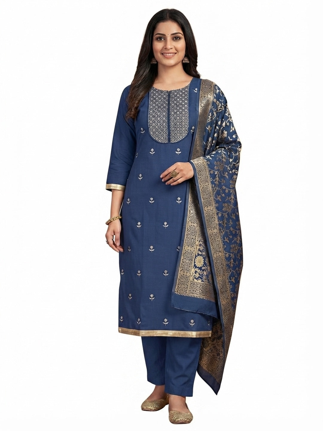 Morpich Floral Embroidered Cotton Blend Dress Material - Flat lay