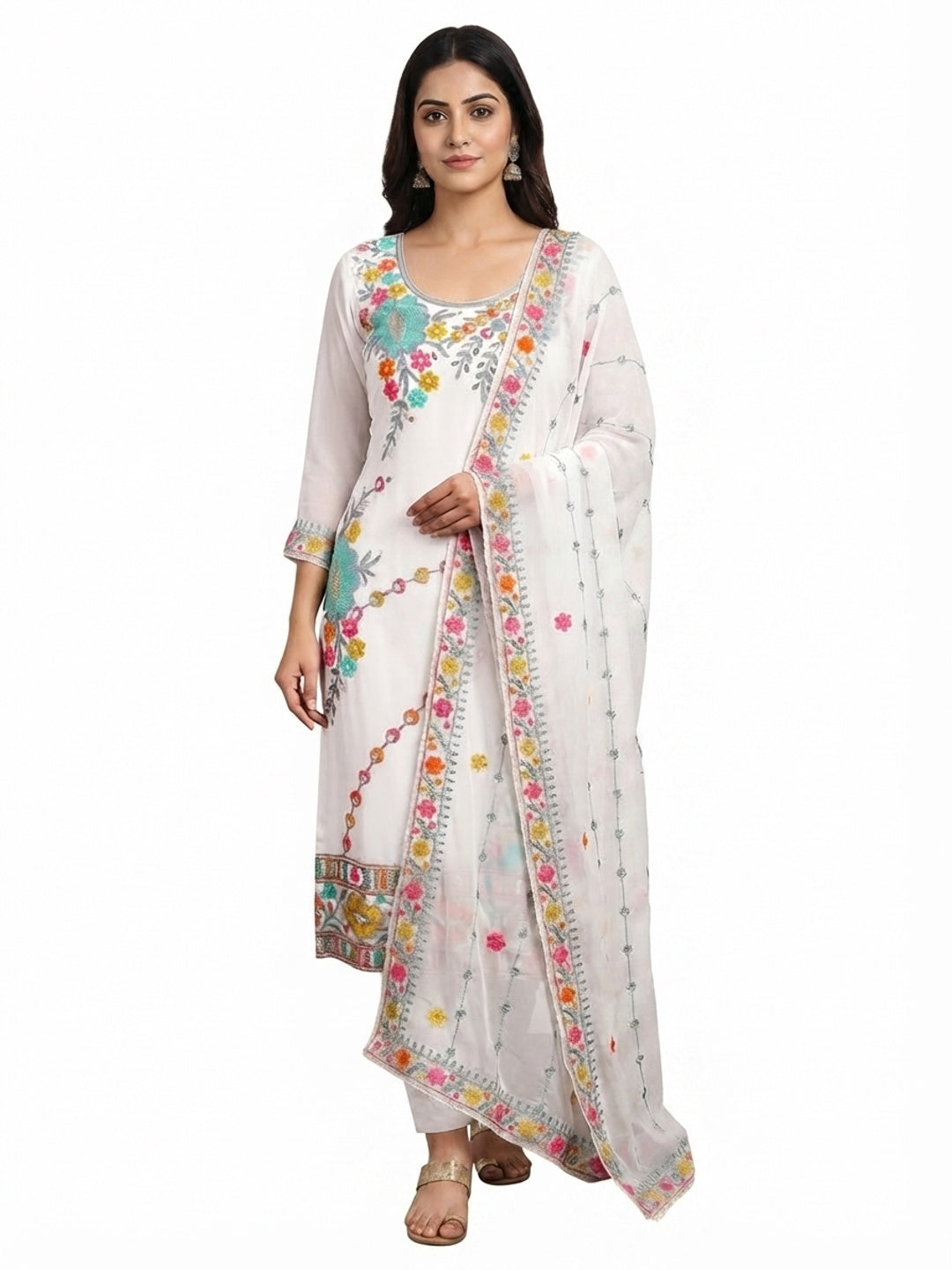 White Floral Sequins Embroidered Georgette Dress Material - Flat lay