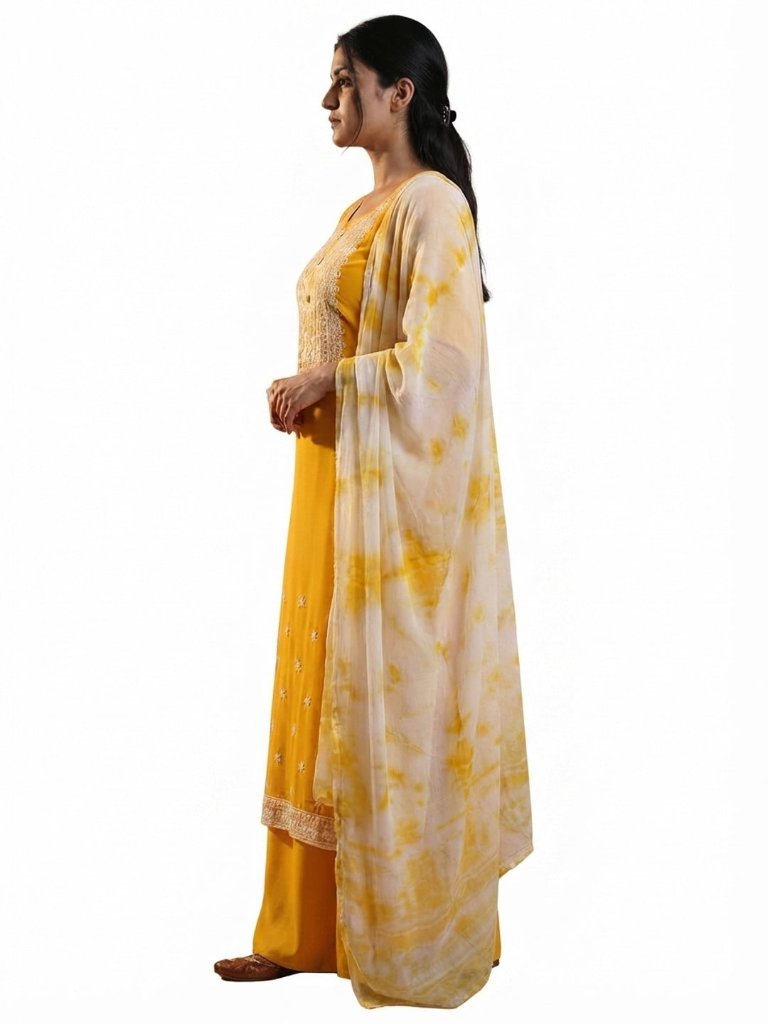 Yellow Floral Embroidered Georgette Dress Material - Flat lay