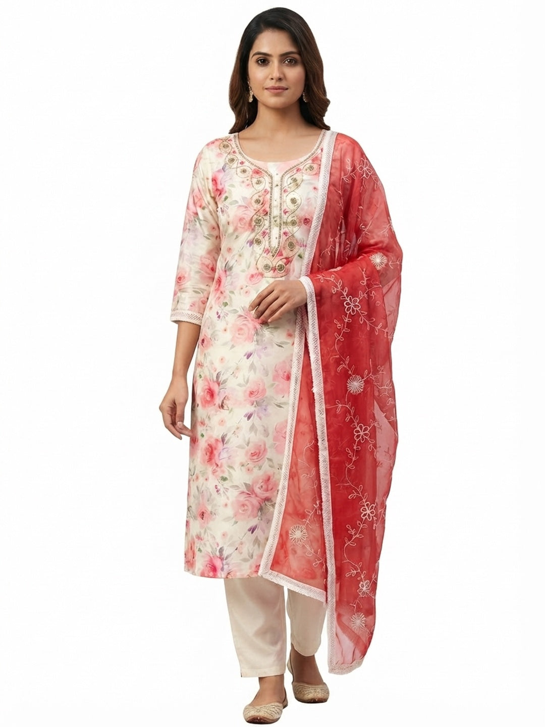 Cream & Red Floral Digital Printed With Handwork Chanderi Silk Dress Material - Flat lay