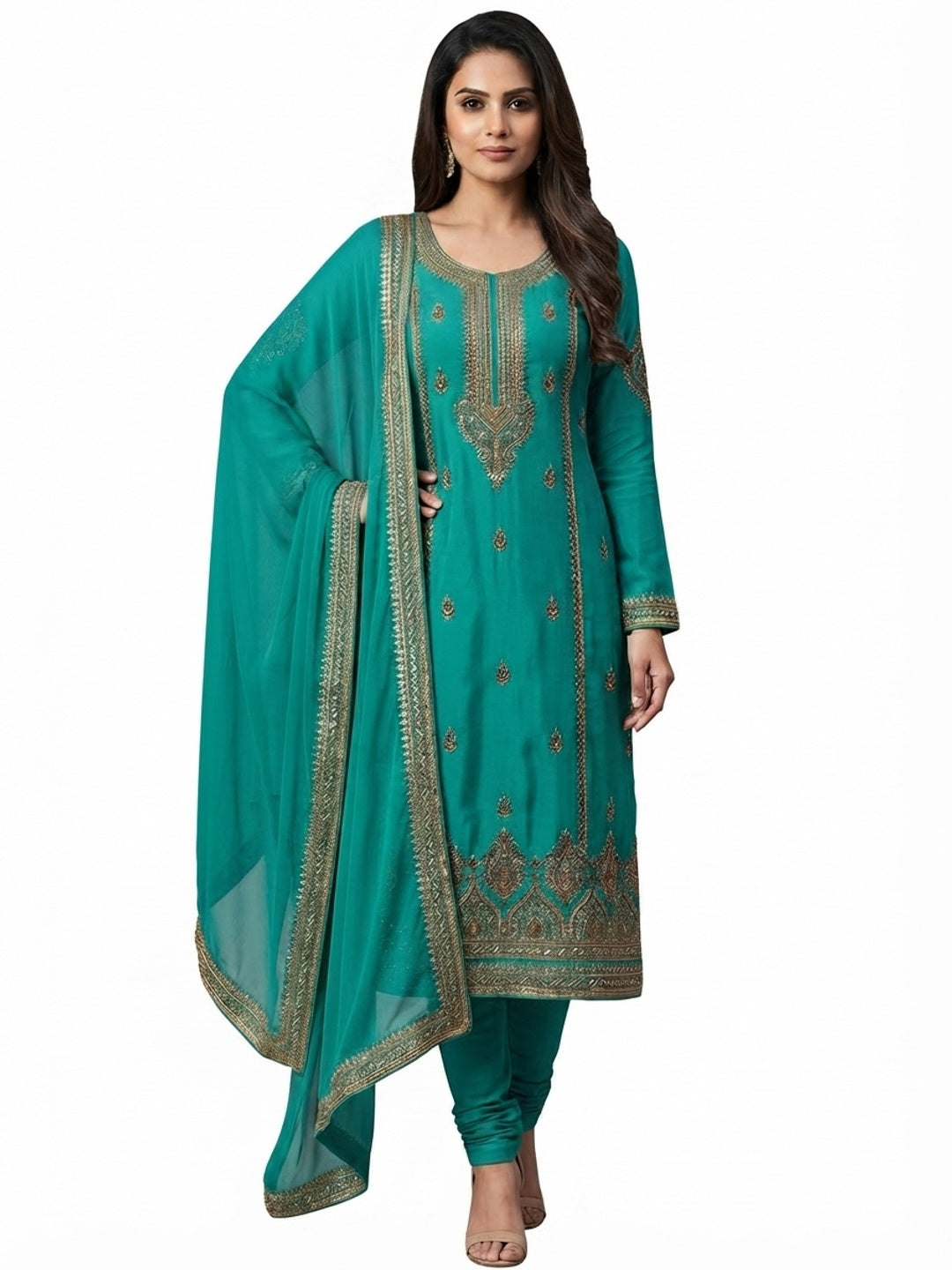Groovy Turquoise Green Colored Casual Wear Embroidered Heavy Modal Silk Dress Material - Flat lay