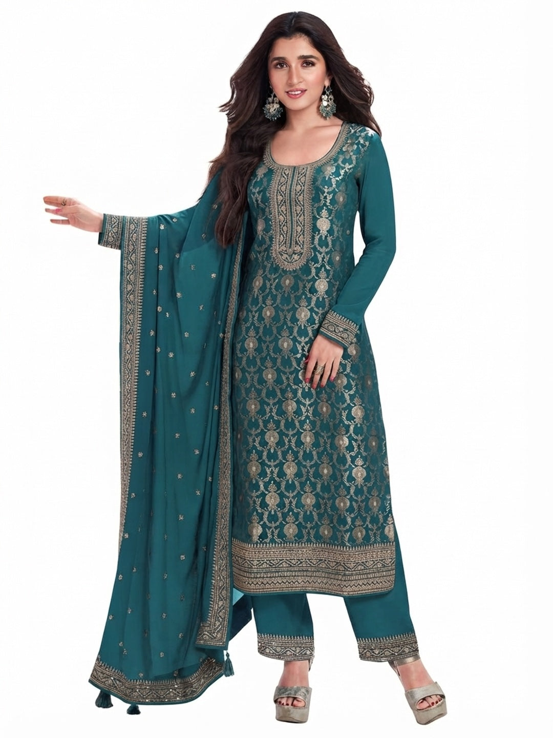 Teal Woven With Embroidered Jacquard Viscose Semi Stitched Salwar Suit - Flat lay