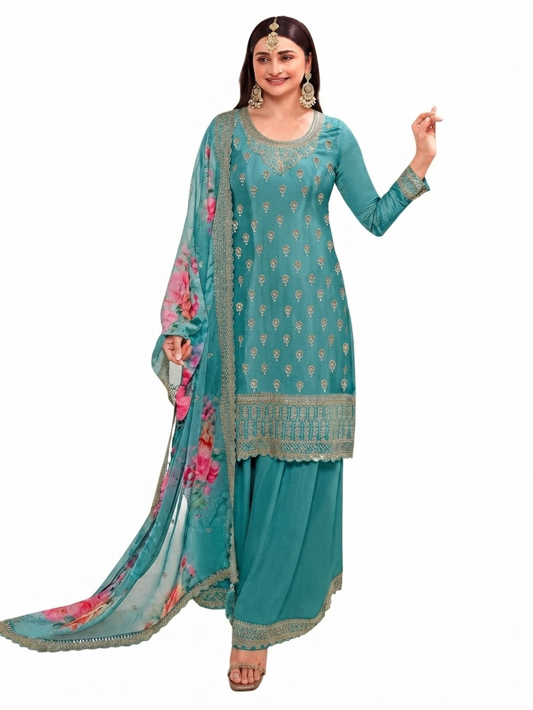 Teal Embroidered Chinon Semi Stitched Dress Material With Palazzo - Flat lay