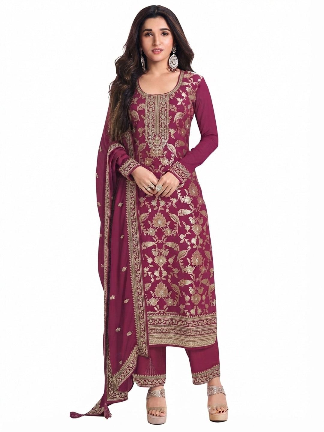 Wine Woven With Embroidered Jacquard Viscose Semi Stitched Salwar Suit - Flat lay