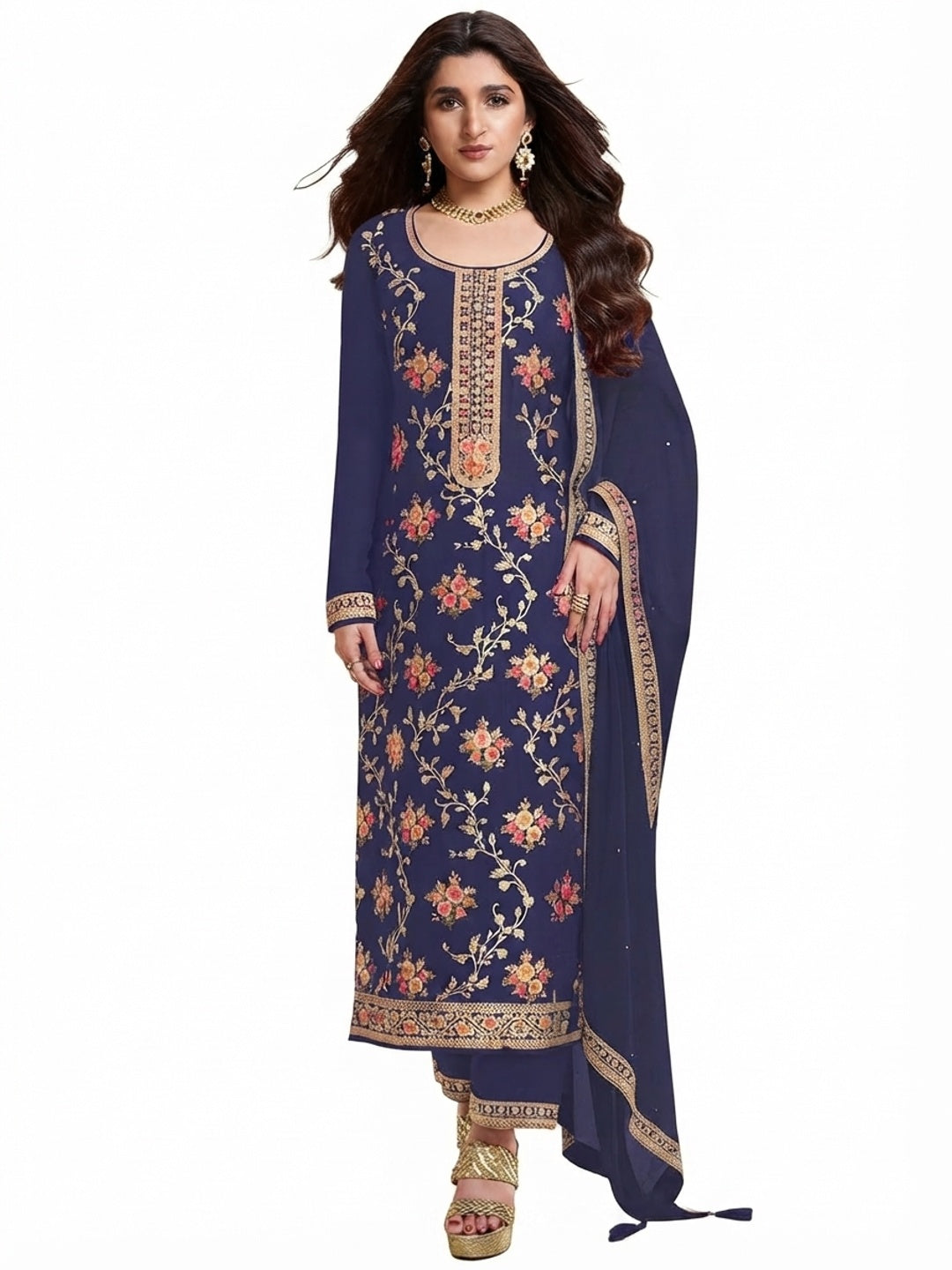 Blue Floral Woven With Embroidered Viscose Semi Stitched Suit - Flat lay