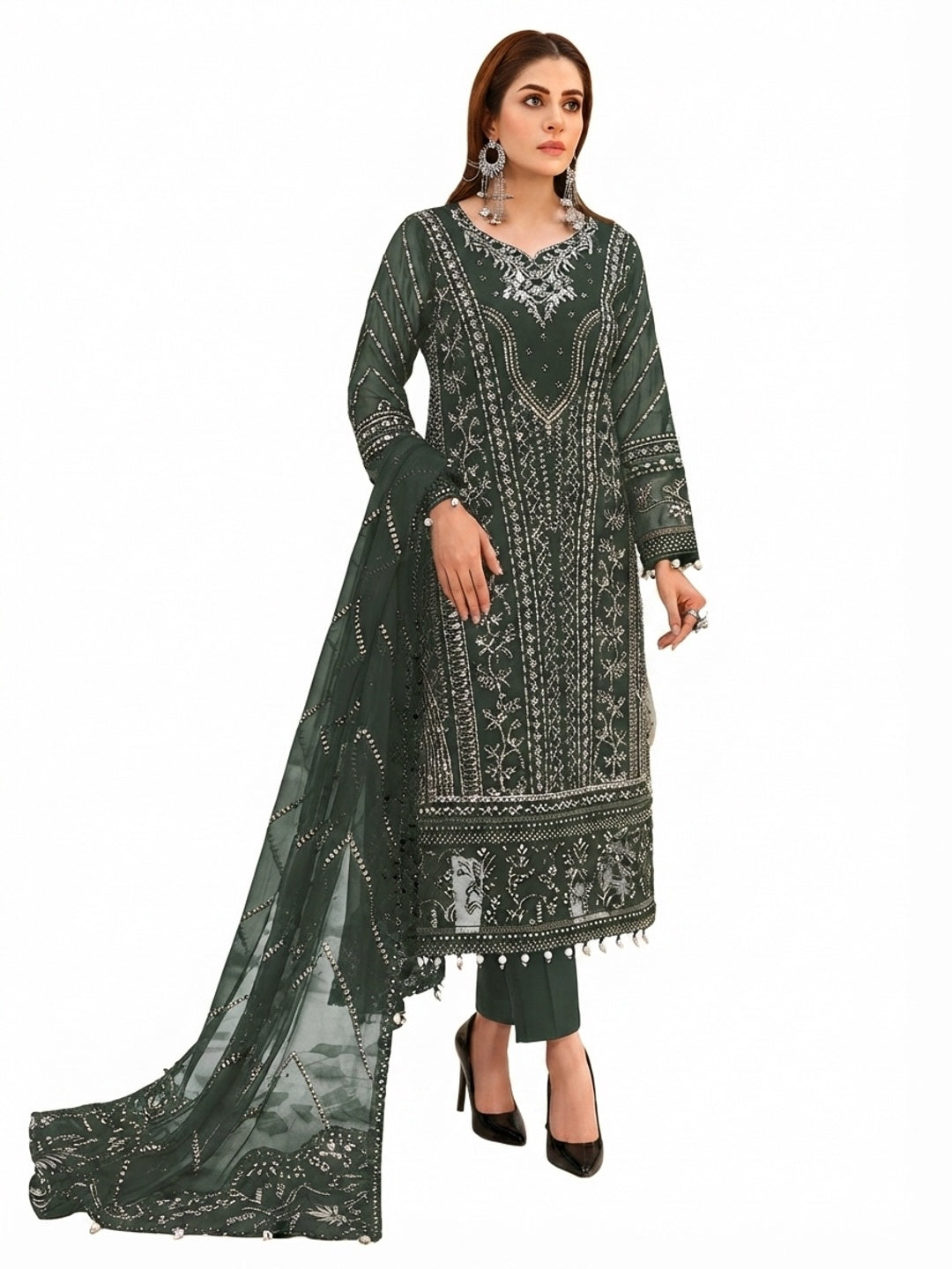 Mehendi Green Floral Embroidered Georgette Semi Stitched Pakistani Suit - Flat lay