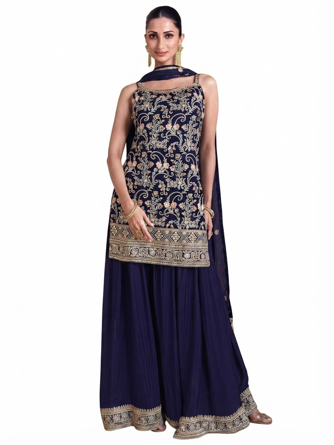 Blue Embroidered Georgette Semi Stitched Dress Material - Flat lay