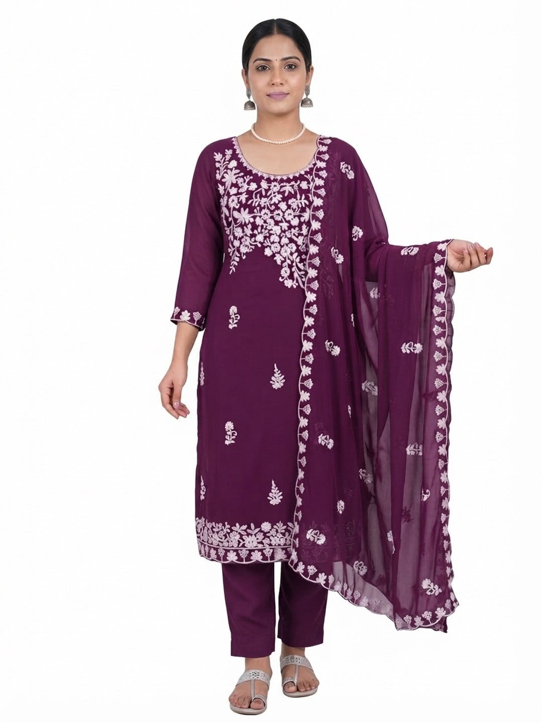 Designer Plum Purple Floral Embroidered Georgette Material for Stylish Dresses and Outfits - Flat lay