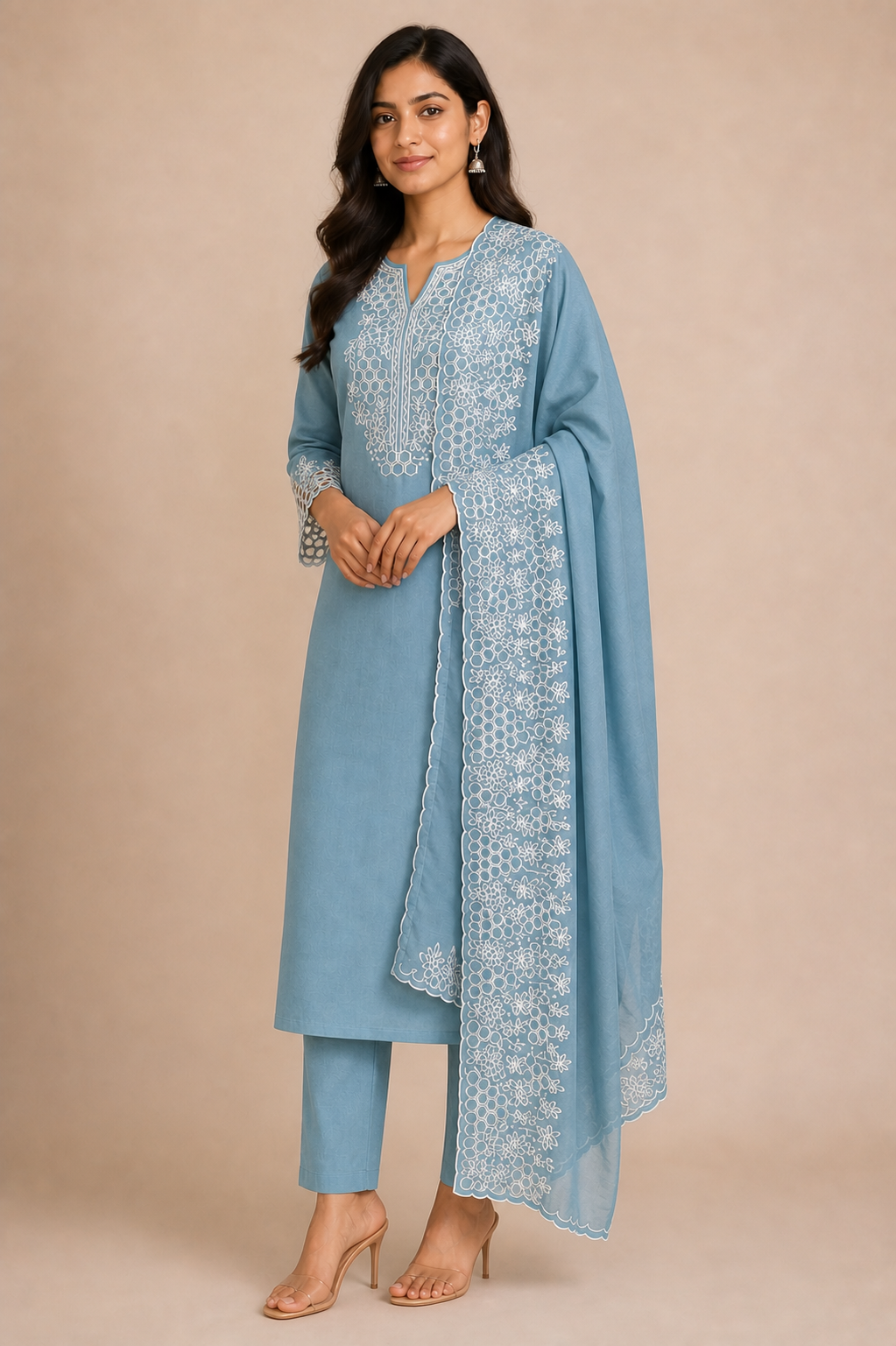 Peachmode Blue Poly Blend Floral Embroidered Salwar Suit Set - Image 3