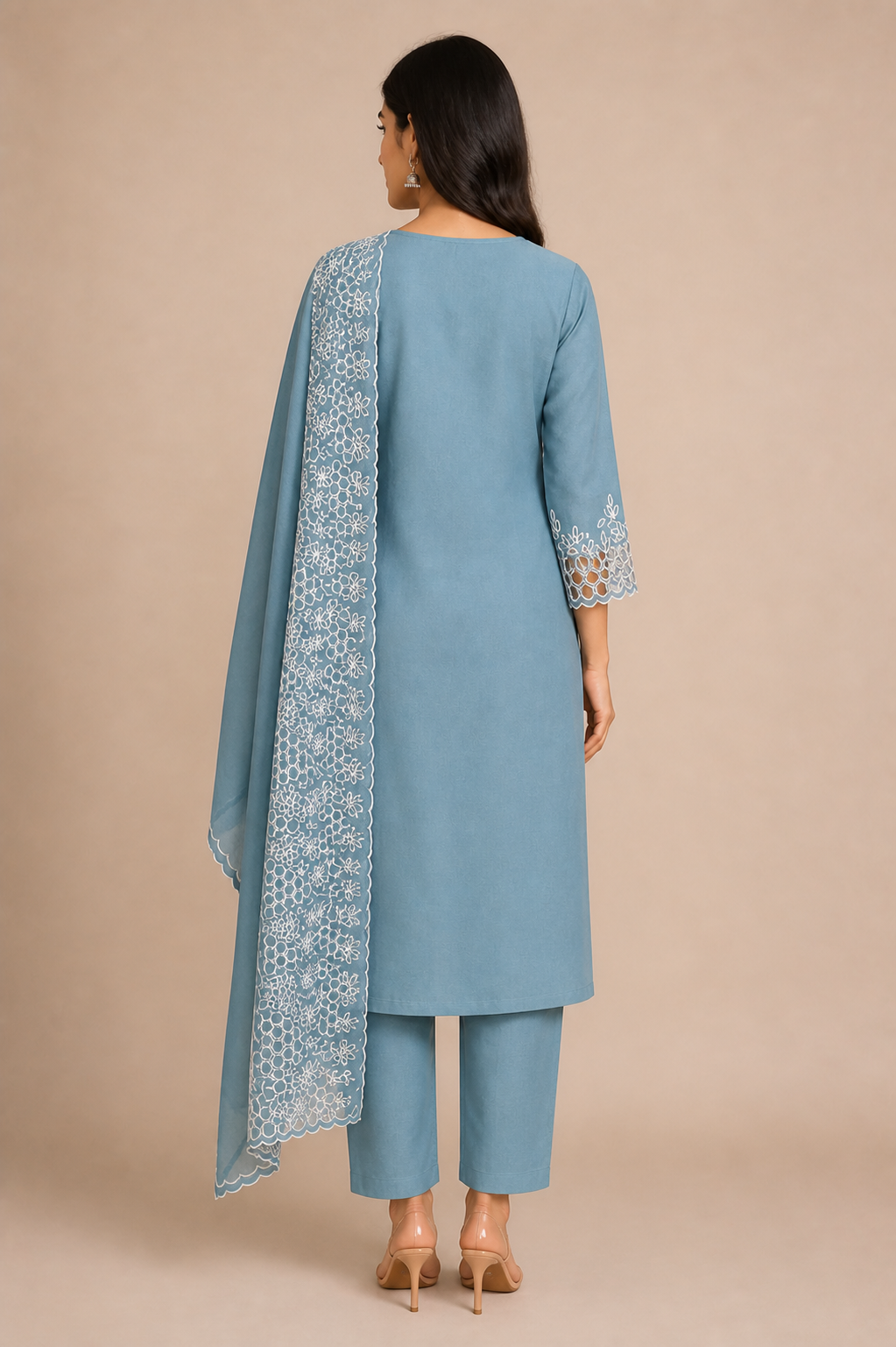 Peachmode Blue Poly Blend Floral Embroidered Salwar Suit Set - Image 4