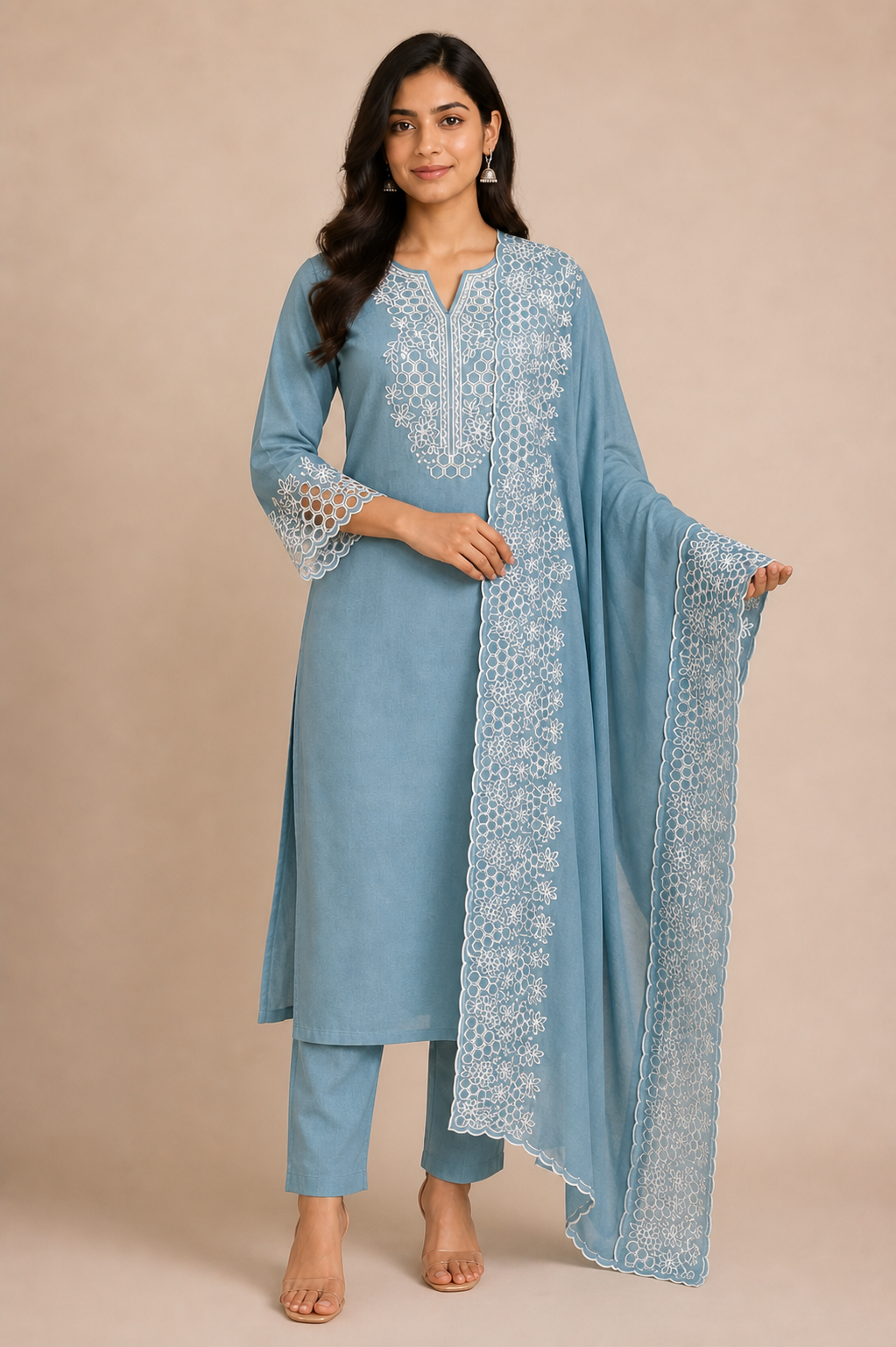 Peachmode Blue Poly Blend Floral Embroidered Salwar Suit Set - Image 5