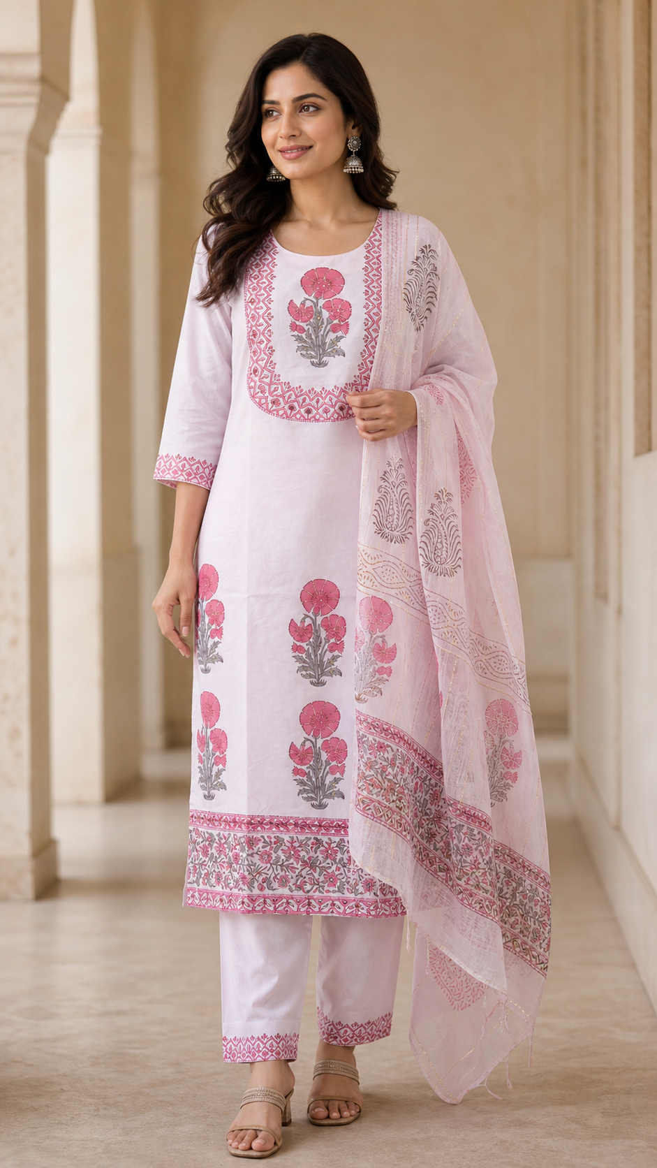 Peachmode Light Pink Pure Cotton Hand Block Printed Salwar Suit Set - Image 1