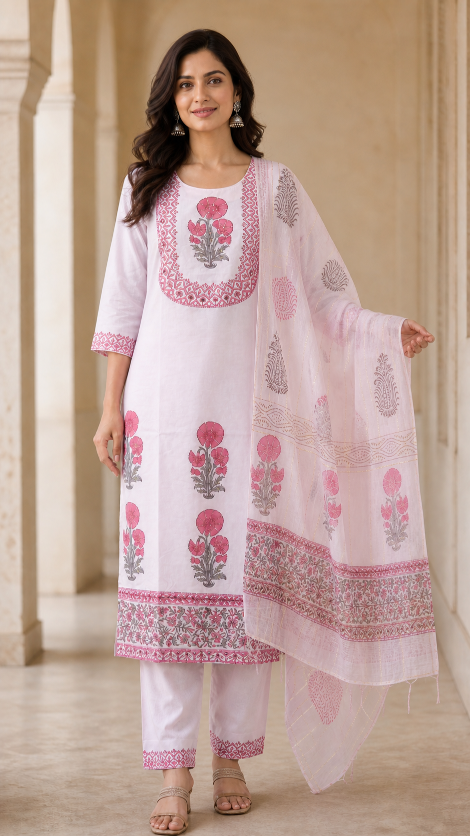 Peachmode Light Pink Pure Cotton Hand Block Printed Salwar Suit Set - Image 2