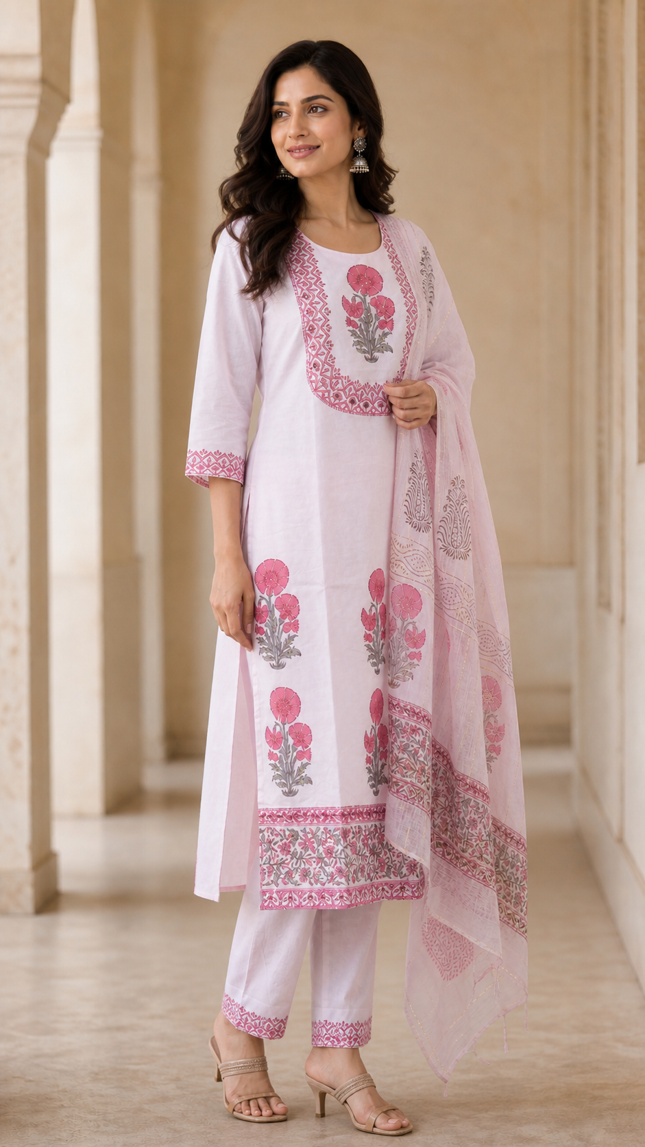 Peachmode Light Pink Pure Cotton Hand Block Printed Salwar Suit Set - Image 3
