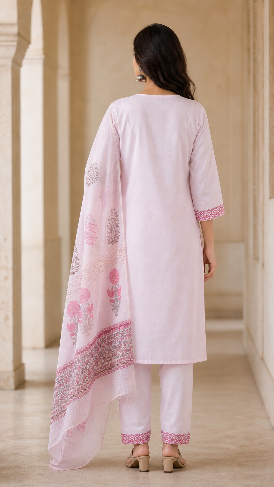 Peachmode Light Pink Pure Cotton Hand Block Printed Salwar Suit Set - Image 4
