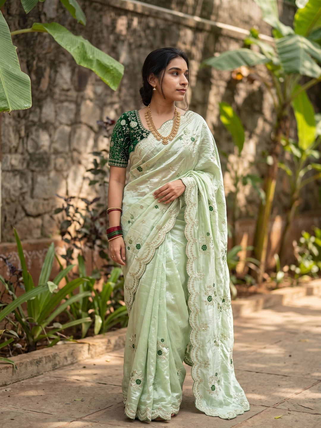 Peachmode Mint Green Sequin Embroidered Fandy Satin Saree - Image 1