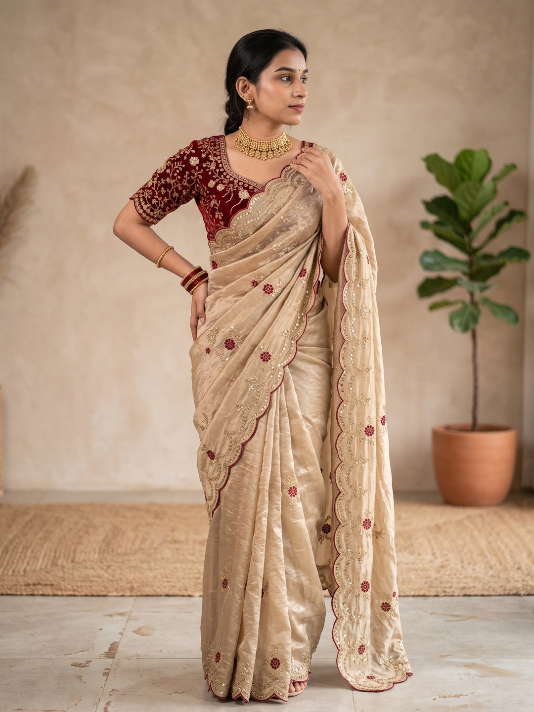 Peachmode Beige Sequin Embroidered Fandy Satin Saree - Image 1