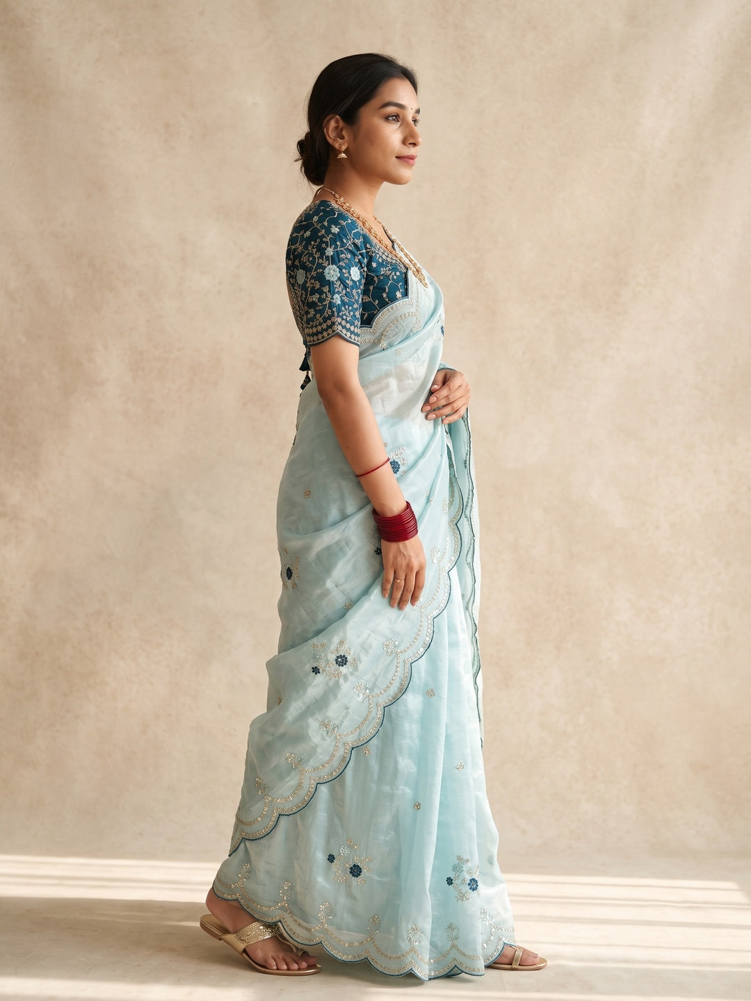 Peachmode Sky Blue Sequin Embroidered Fandy Satin Saree - Image 5