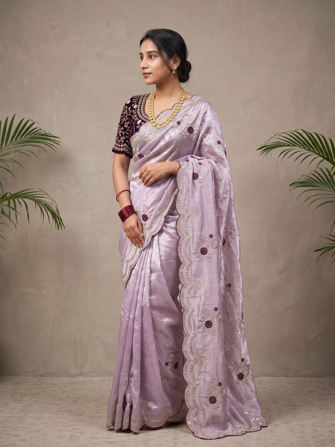 Peachmode Lavender Sequin Embroidered Fandy Satin Saree - Image 1