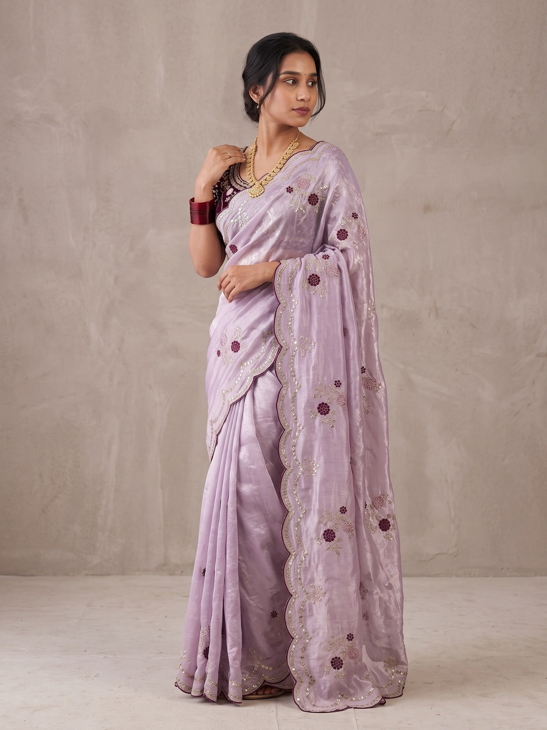 Peachmode Lavender Sequin Embroidered Fandy Satin Saree - Image 5