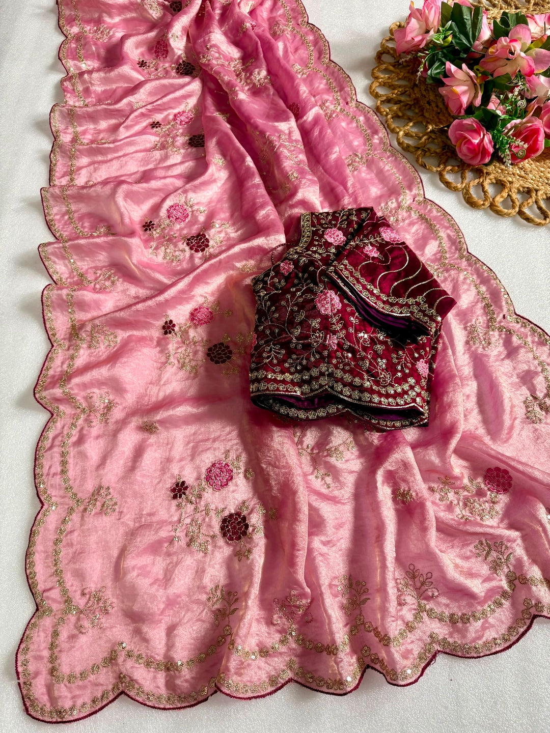 Peachmode Pink Sequin Embroidered Fandy Satin Saree - Image 4