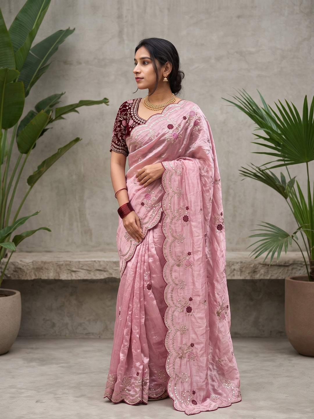 Peachmode Pink Sequin Embroidered Fandy Satin Saree - Image 1