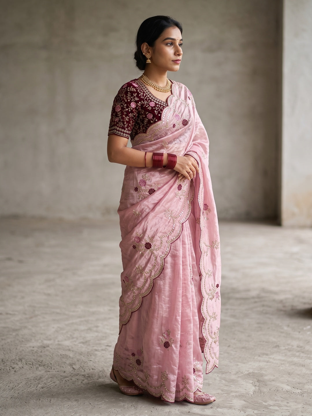 Peachmode Pink Sequin Embroidered Fandy Satin Saree - Image 5