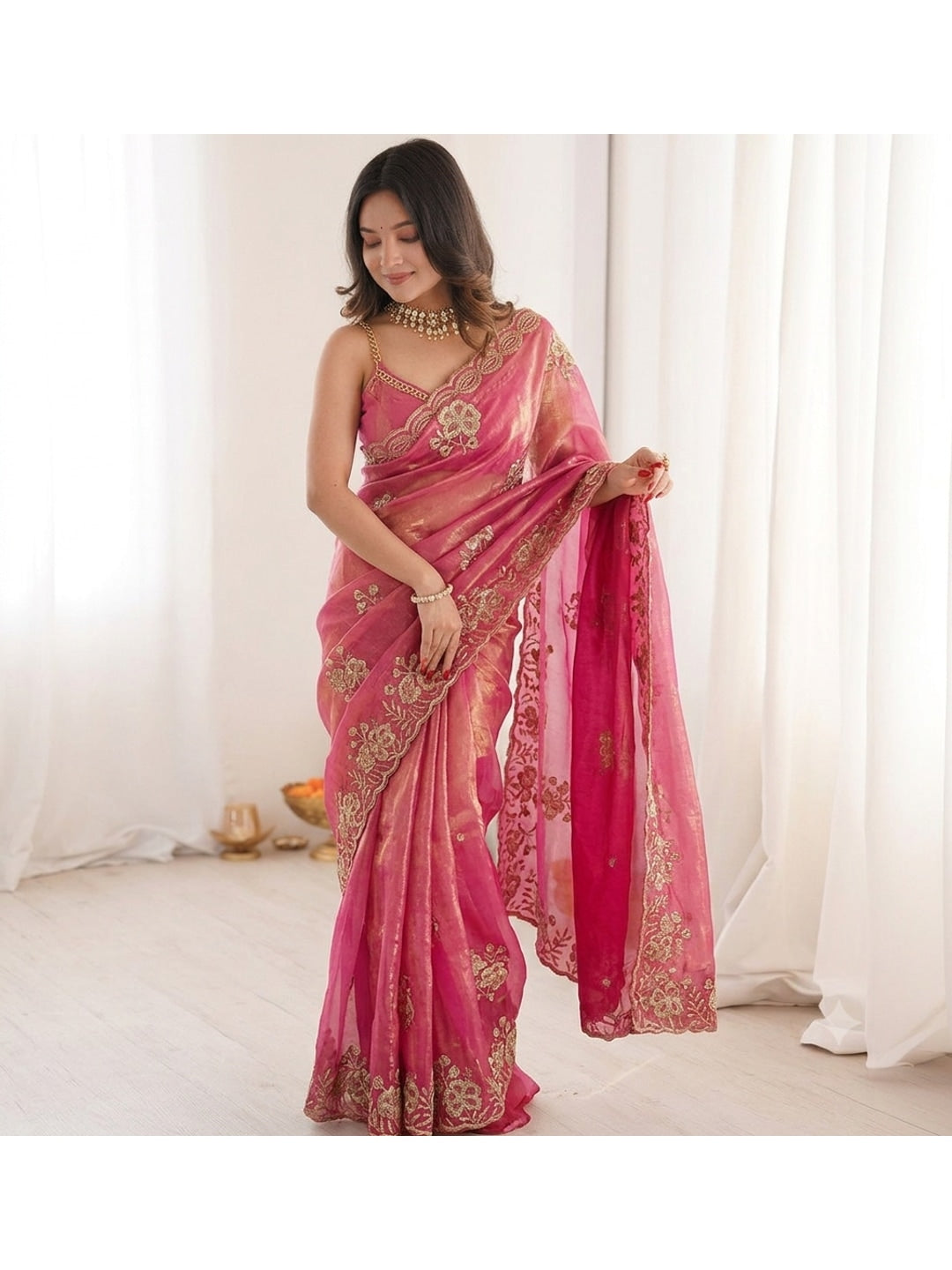 Peachmode Pink Beaded Embroidered Fandy Satin Saree - Image 2