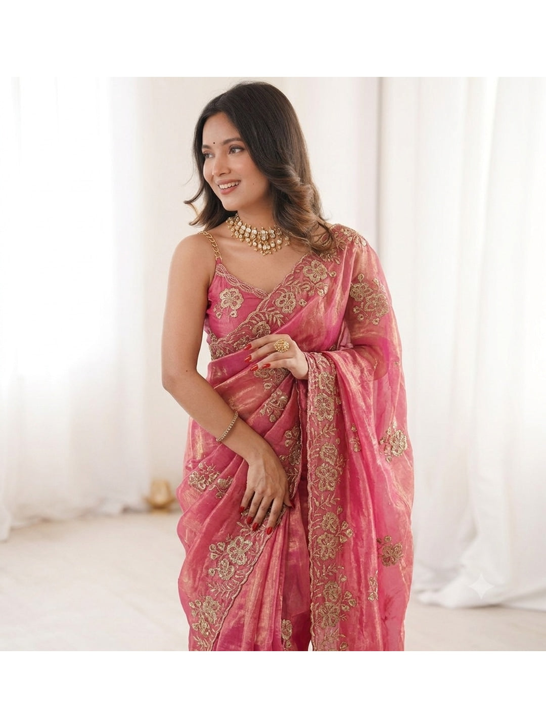 Peachmode Pink Beaded Embroidered Fandy Satin Saree - Image 3