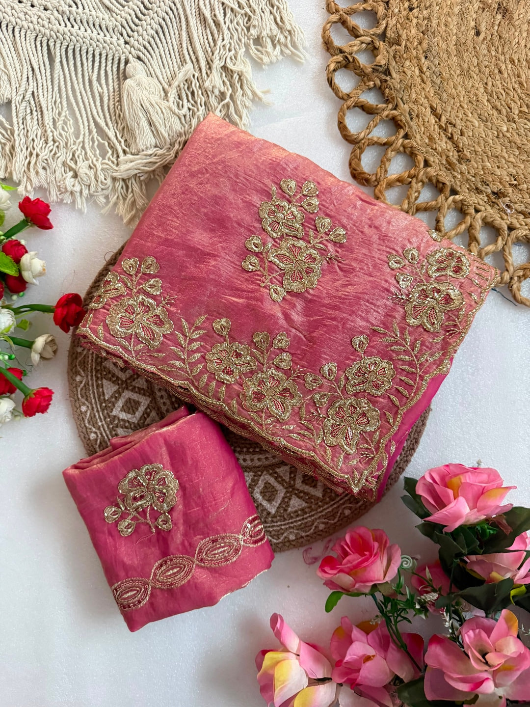Peachmode Pink Beaded Embroidered Fandy Satin Saree - Image 4