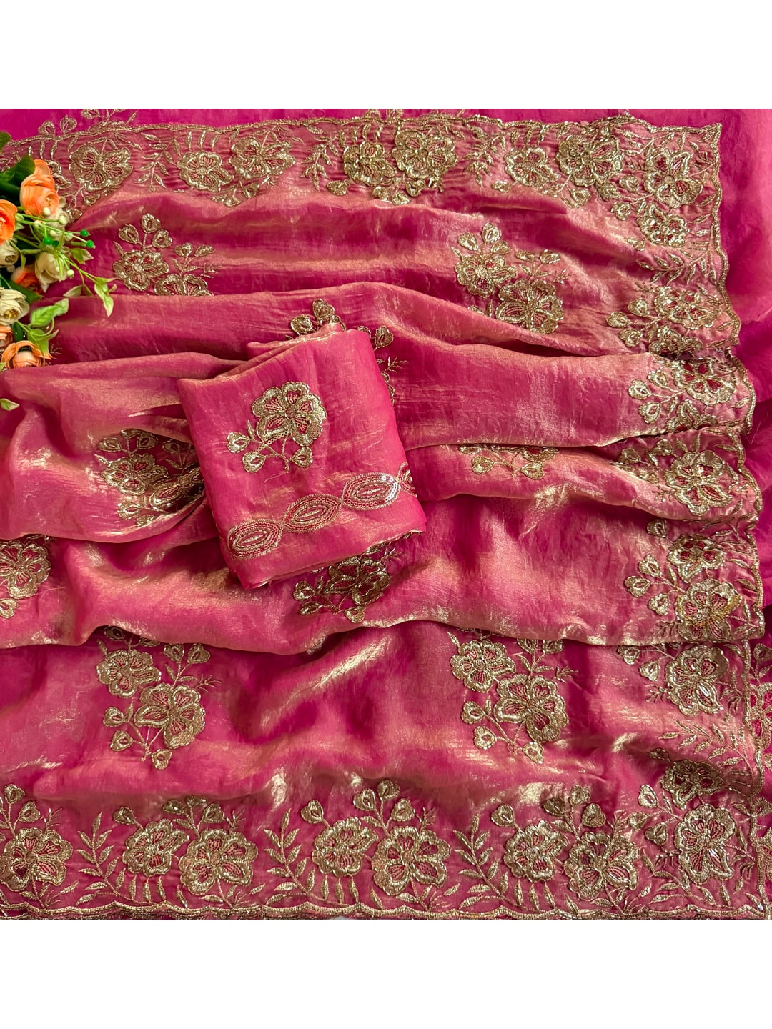 Peachmode Pink Beaded Embroidered Fandy Satin Saree - Image 5