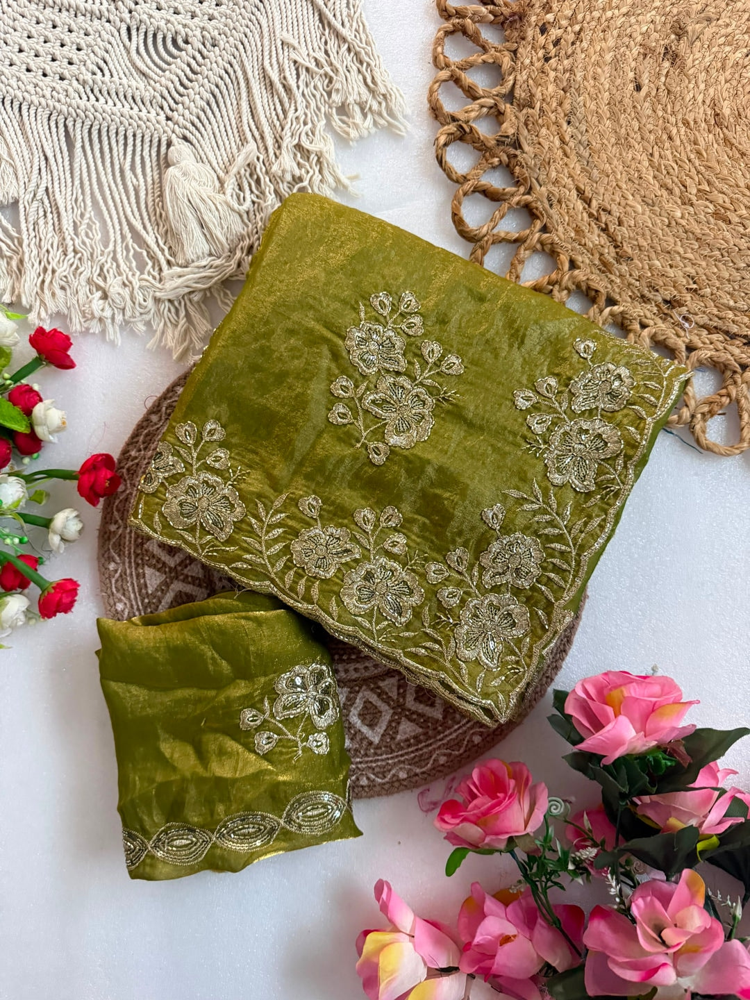 Peachmode Olive Green Beaded Embroidered Fandy Satin Saree - Image 4