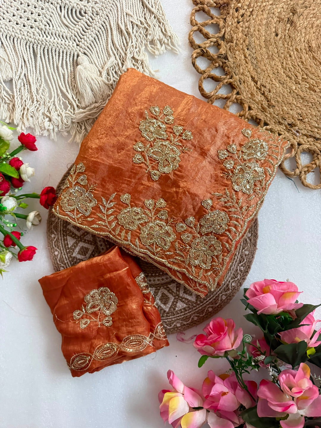 Peachmode Orange Beaded Embroidered Fandy Satin Saree - Image 4