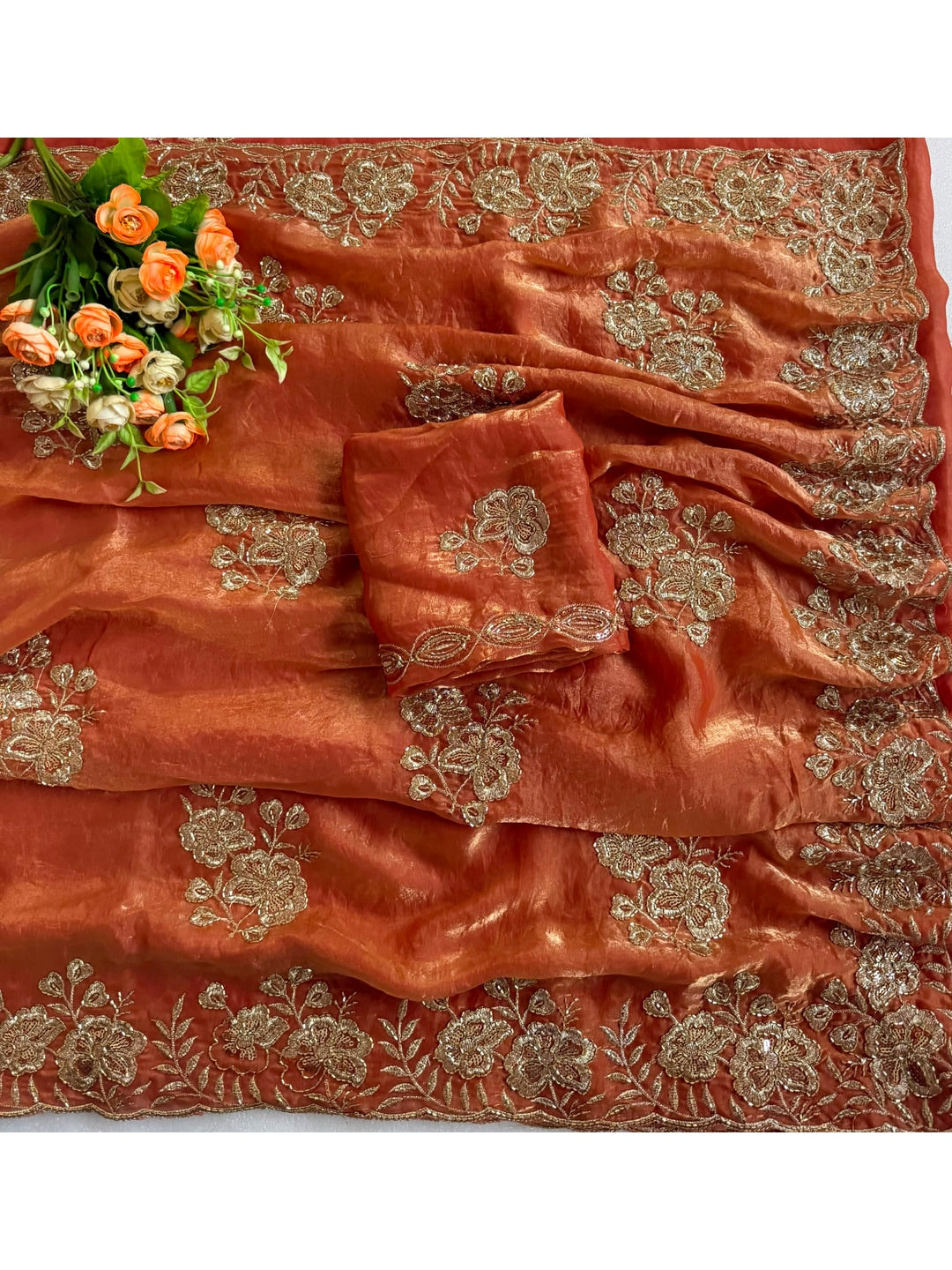 Peachmode Orange Beaded Embroidered Fandy Satin Saree - Image 5