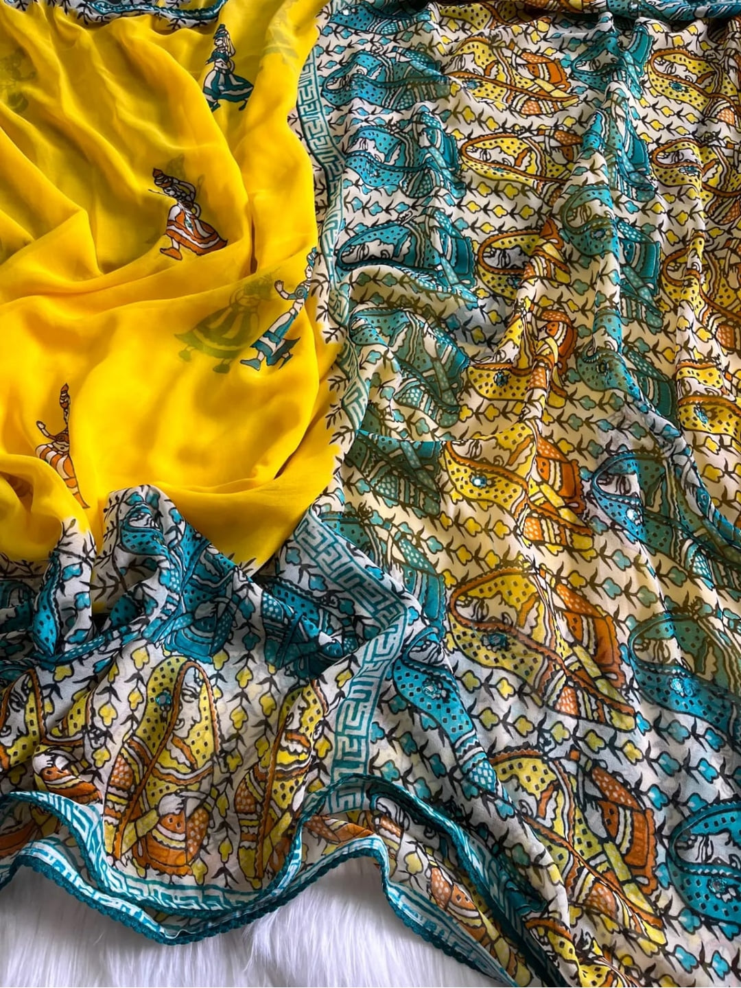 Peachmode Yellow Mirror Work Printed Georgette Saree - Image 2