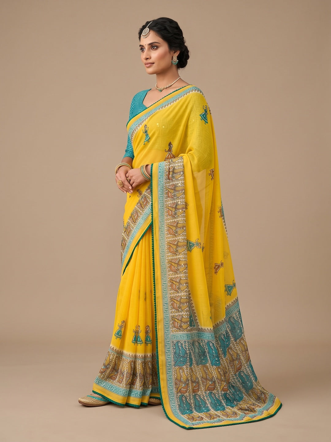 Peachmode Yellow Mirror Work Printed Georgette Saree - Image 4