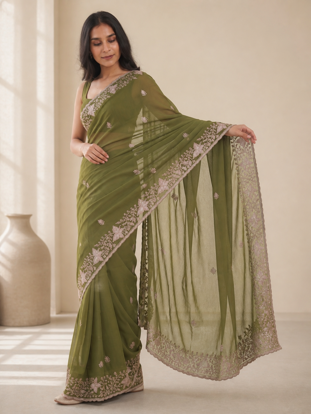 Peachmode Olive Green Sequin Embroidered Star Georgette Saree - Image 3