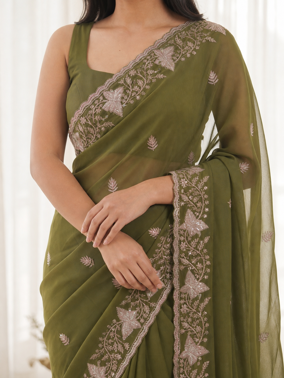 Peachmode Olive Green Sequin Embroidered Star Georgette Saree - Image 5
