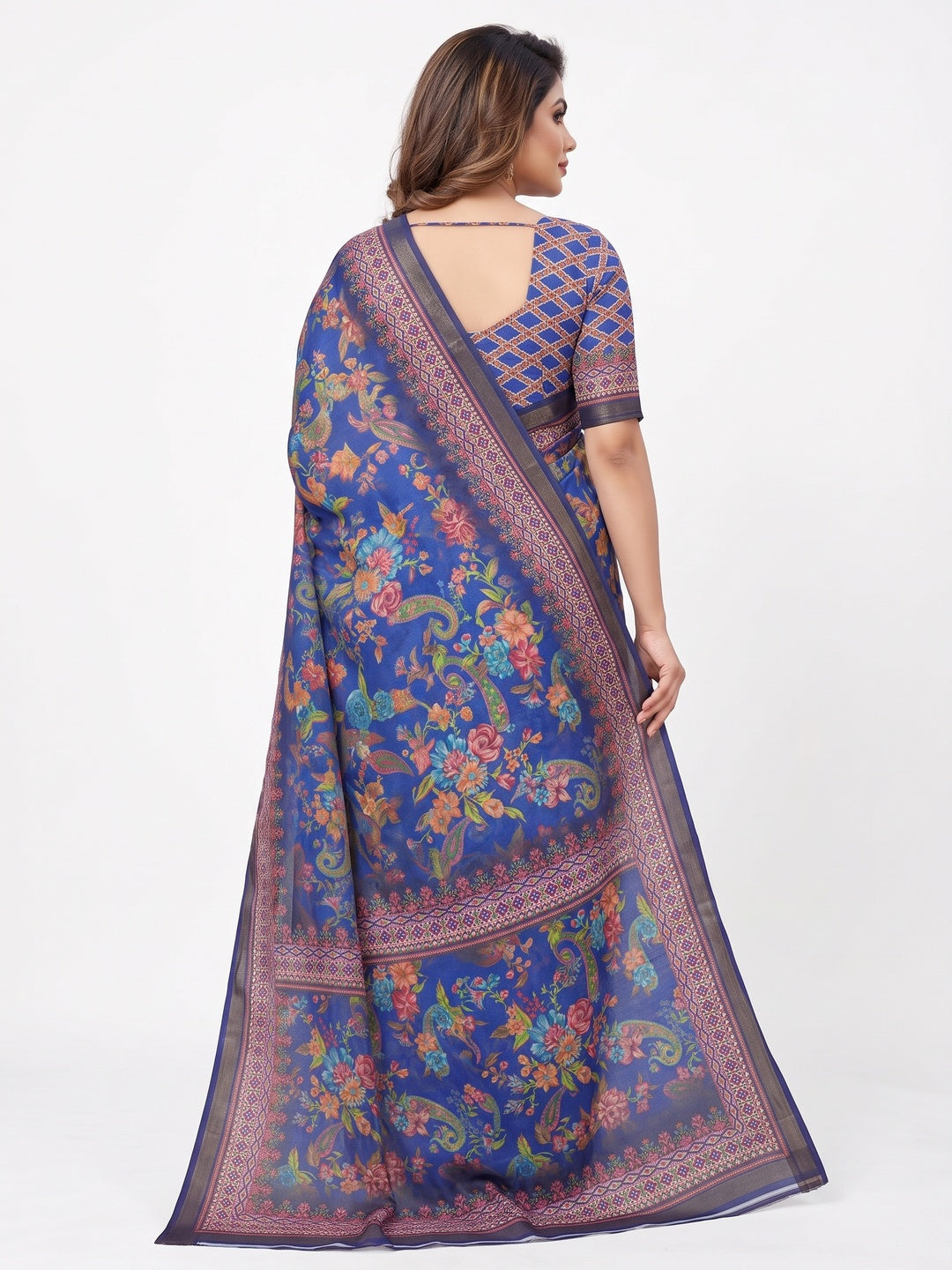 Peachmode Royal Blue Digital Printed Mul Cotton Saree - Image 4