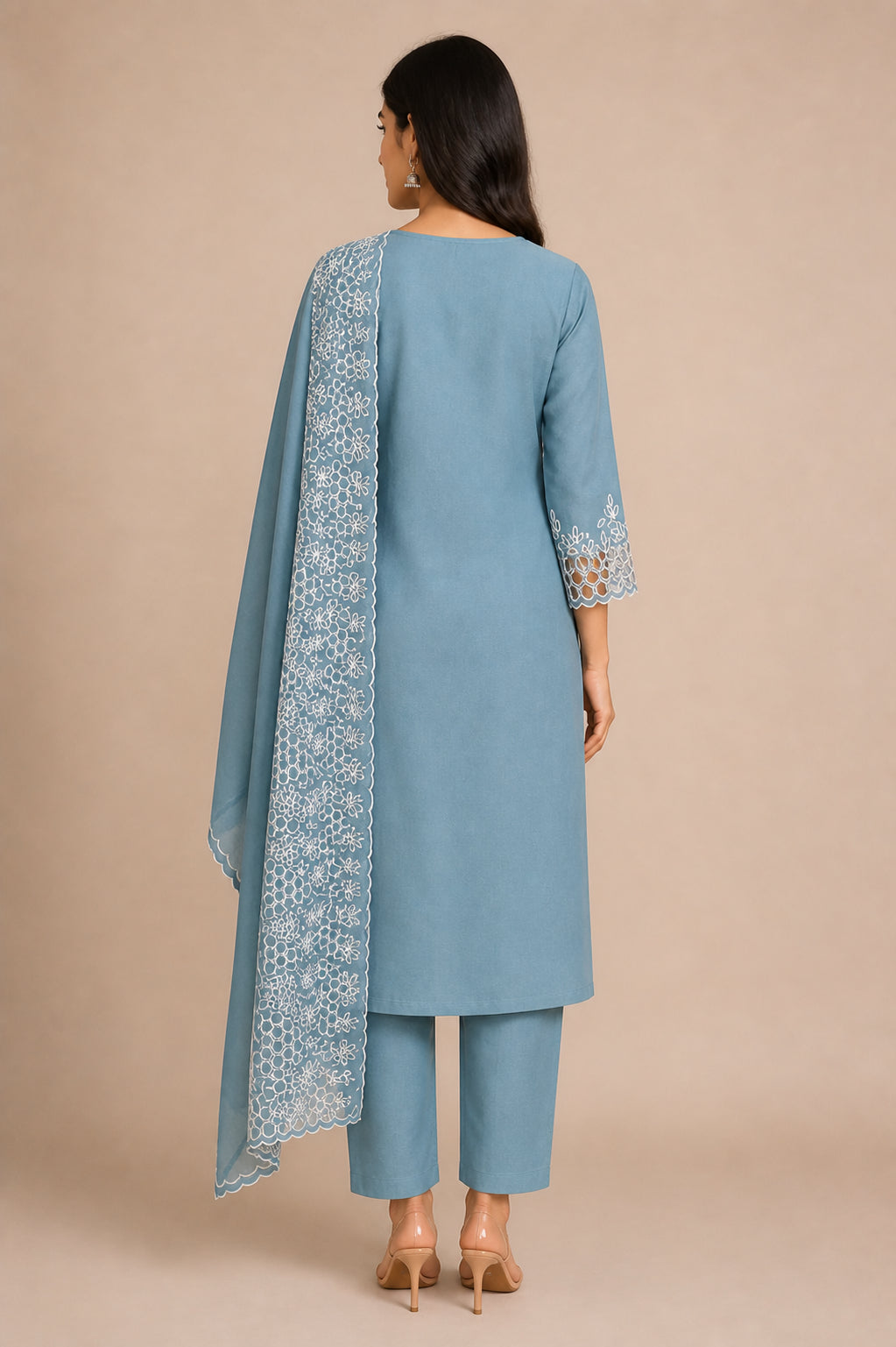 Peachmode Blue Poly Blend Floral Embroidered Salwar Suit Set - Image 4