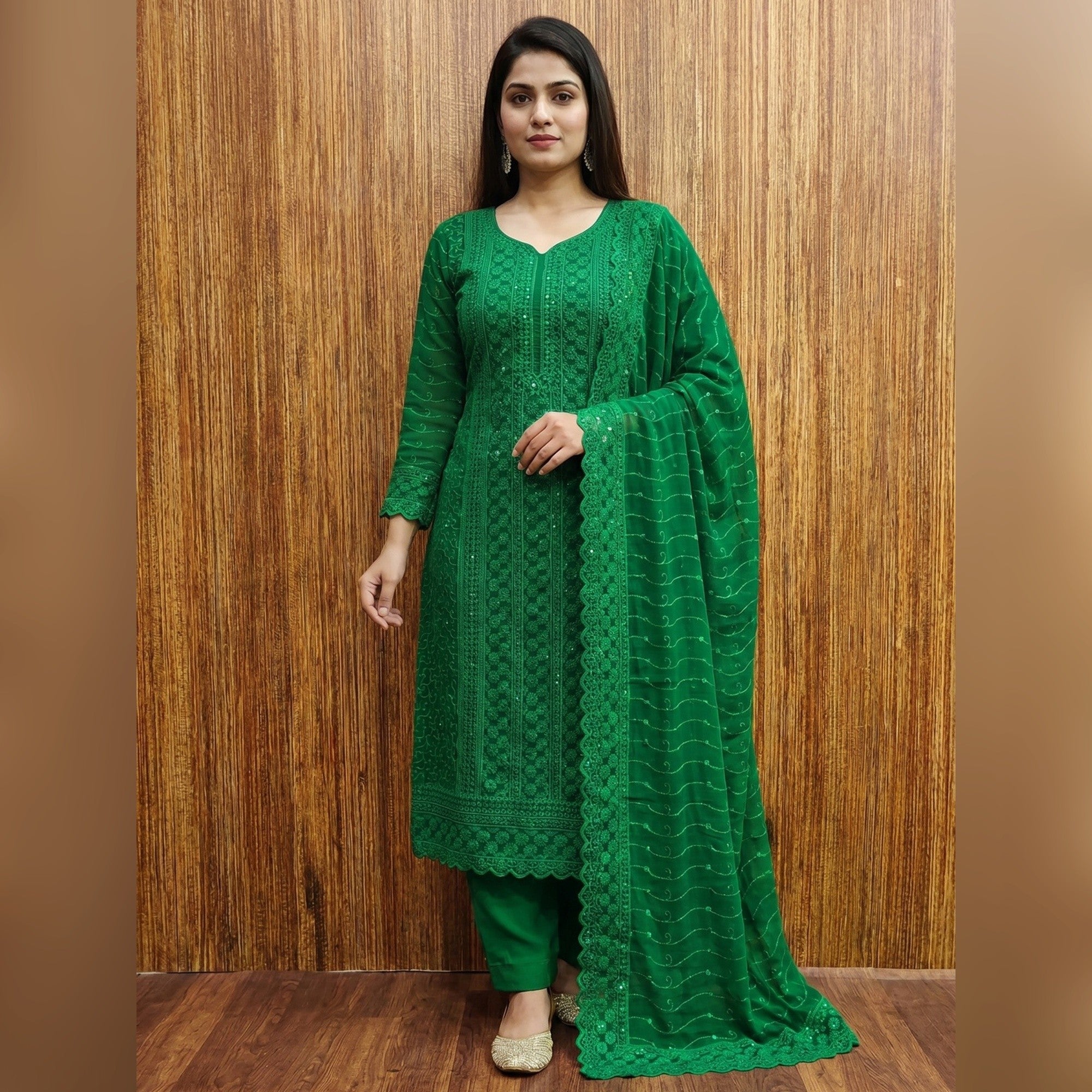 Green Floral Sequins Embroidered Georgette Dress Material - Image 1