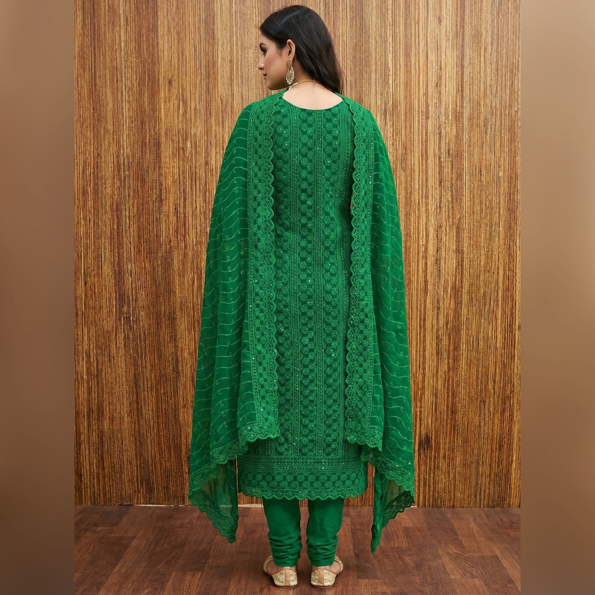 Green Floral Sequins Embroidered Georgette Dress Material - Image 2