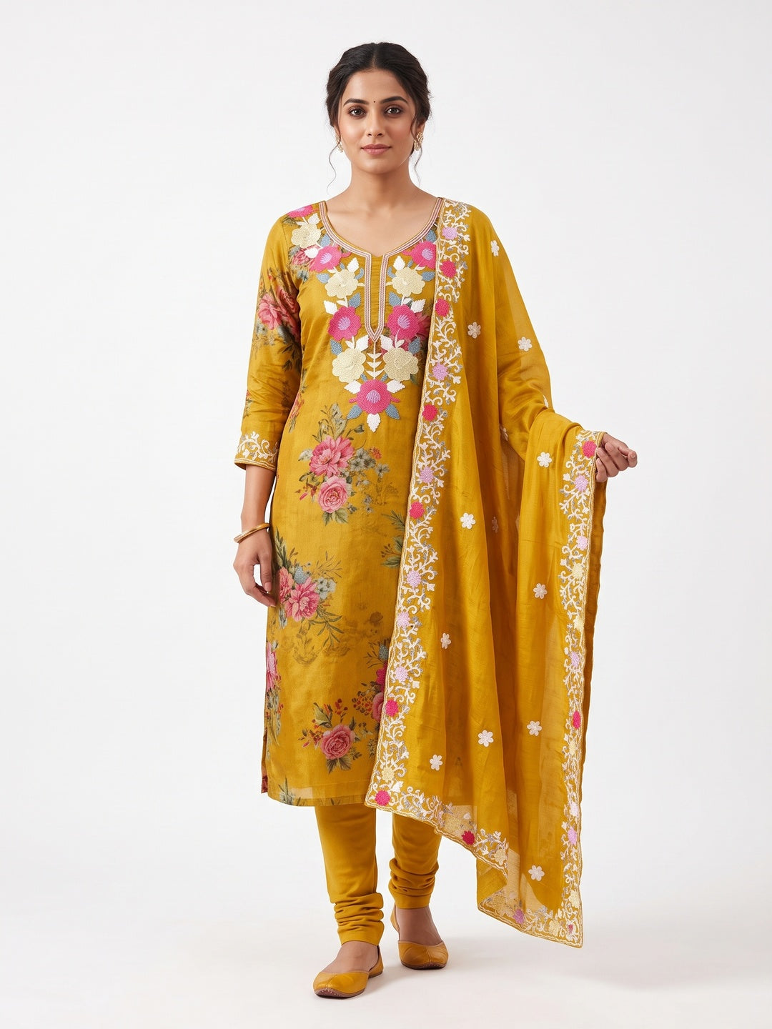 Designer Mustard Floral Digital Printed Shimmer Silk Dress Material Featuring Embroidery Work - Image 1