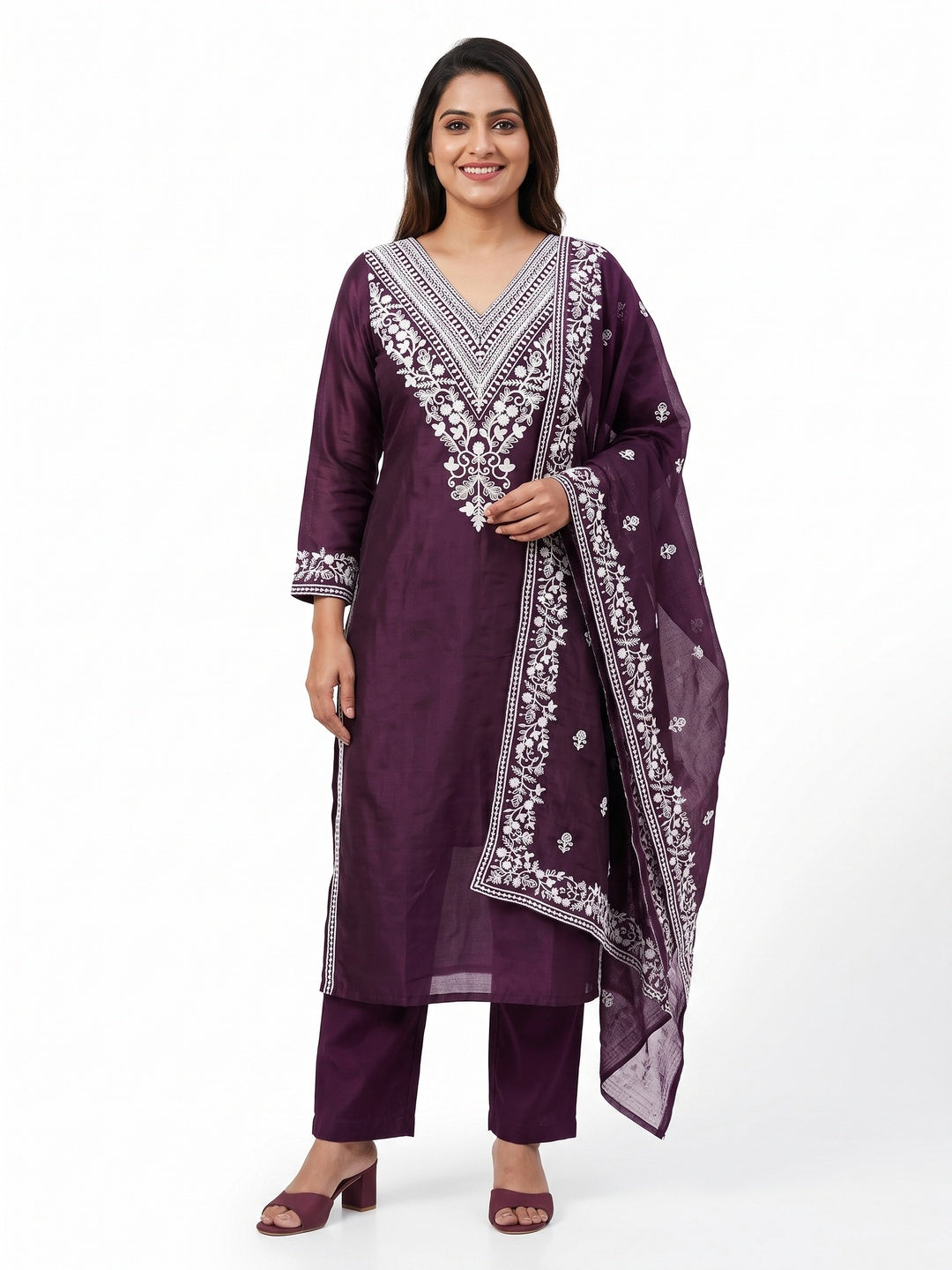 Traditional Wine Chanderi Silk Suit Fabric with Embroidered Floral Patterns - Image 1