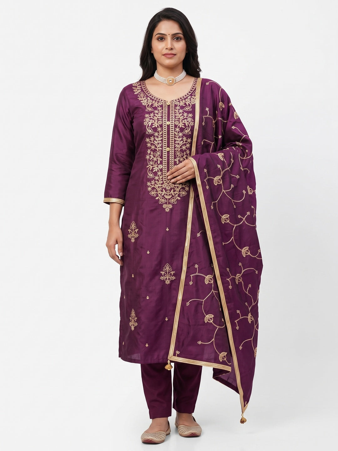 Wine Floral Embroidered Art Silk Dress Material - Image 1