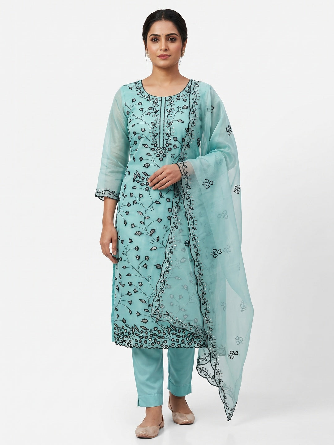 Blue Floral Sequins Embroidered Organza Dress Material - Image 1