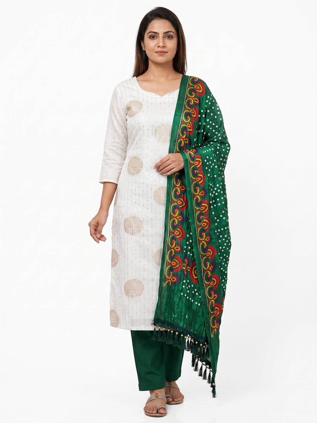 White & Green Sequins Embroidered With Woven Jacquard Dress Material - Image 1